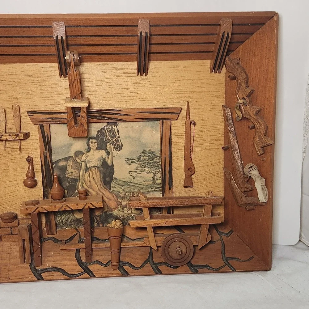 Vintage 1960's MCM Carved Wooden Lodge Bar Tavern Inn Market Town Diorama‎ 3D